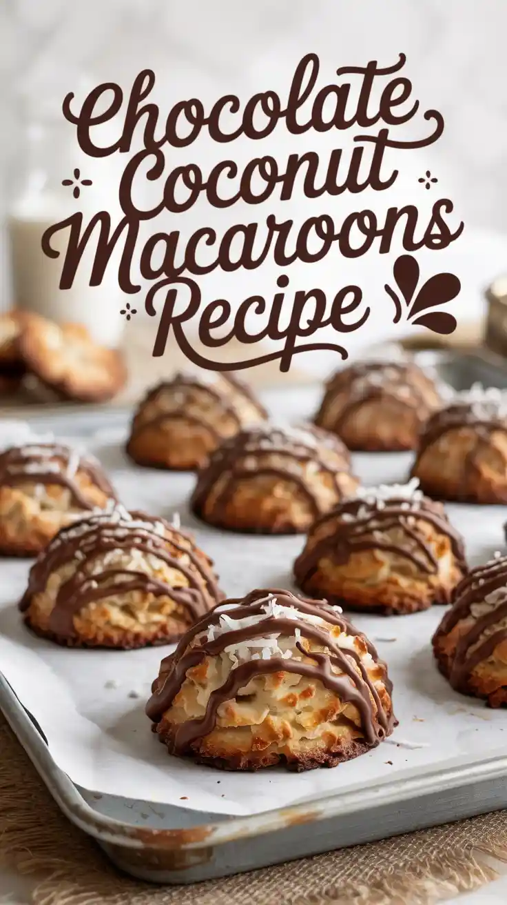 Image showcases freshly baked Chocolate Coconut Macaroons arranged on a white tray. The text “Chocolate Coconut Macaroons Recipe” appears in elegant brown script. The cookies have a toasted golden exterior with melty chocolate drizzle and shredded coconut on top, highlighting their chewy and rich texture. The scene evokes cozy, homemade dessert vibes with a minimal, warm-toned background, perfect for promoting easy holiday baking and gluten-free sweet treats.